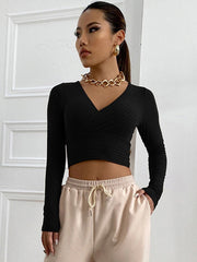 V-Collar Ribbed Knitted Skinny Top