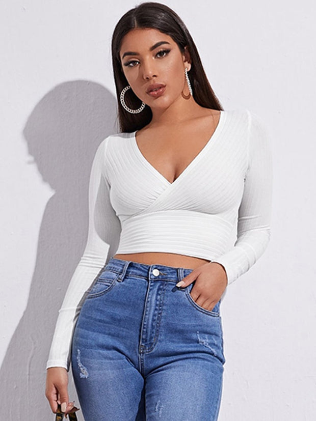 V-Collar Ribbed Knitted Skinny Top