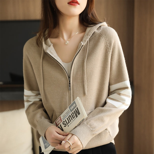 Wool Cardigan Casual Loose Knit Zipper Coat Hooded