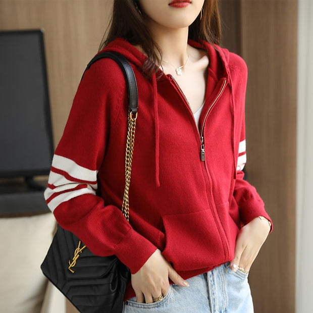 Wool Cardigan Casual Loose Knit Zipper Coat Hooded