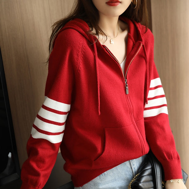 Wool Cardigan Casual Loose Knit Zipper Coat Hooded