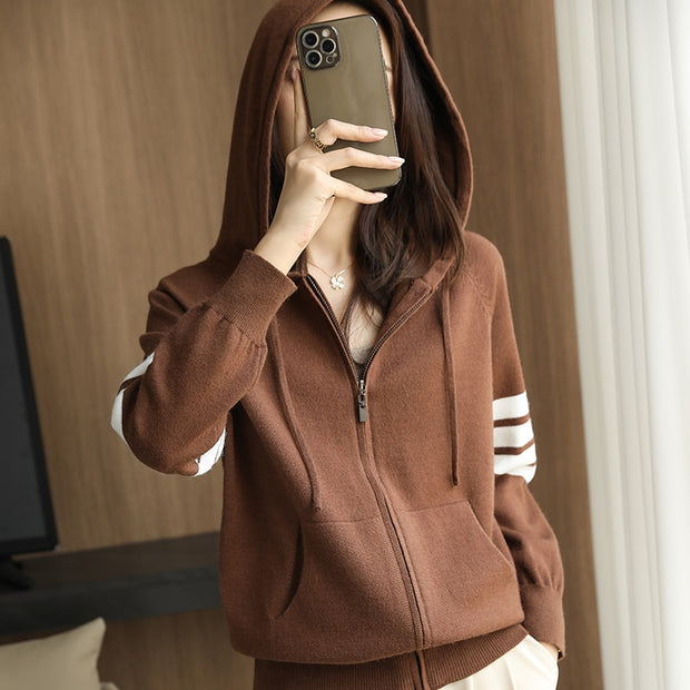 Wool Cardigan Casual Loose Knit Zipper Coat Hooded