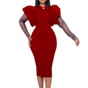 Doll Neck Mesh Splice Fitted Dress